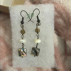 Iridescent Shell and Pearl Drop Earrings; abalone, copper, pearl